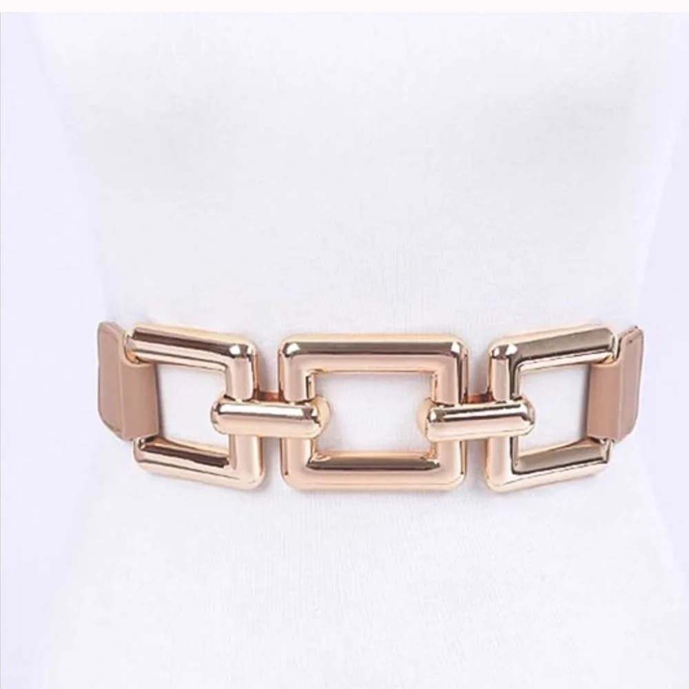 Nude & Gold Chain Elastic Waist Corset Statement Belt